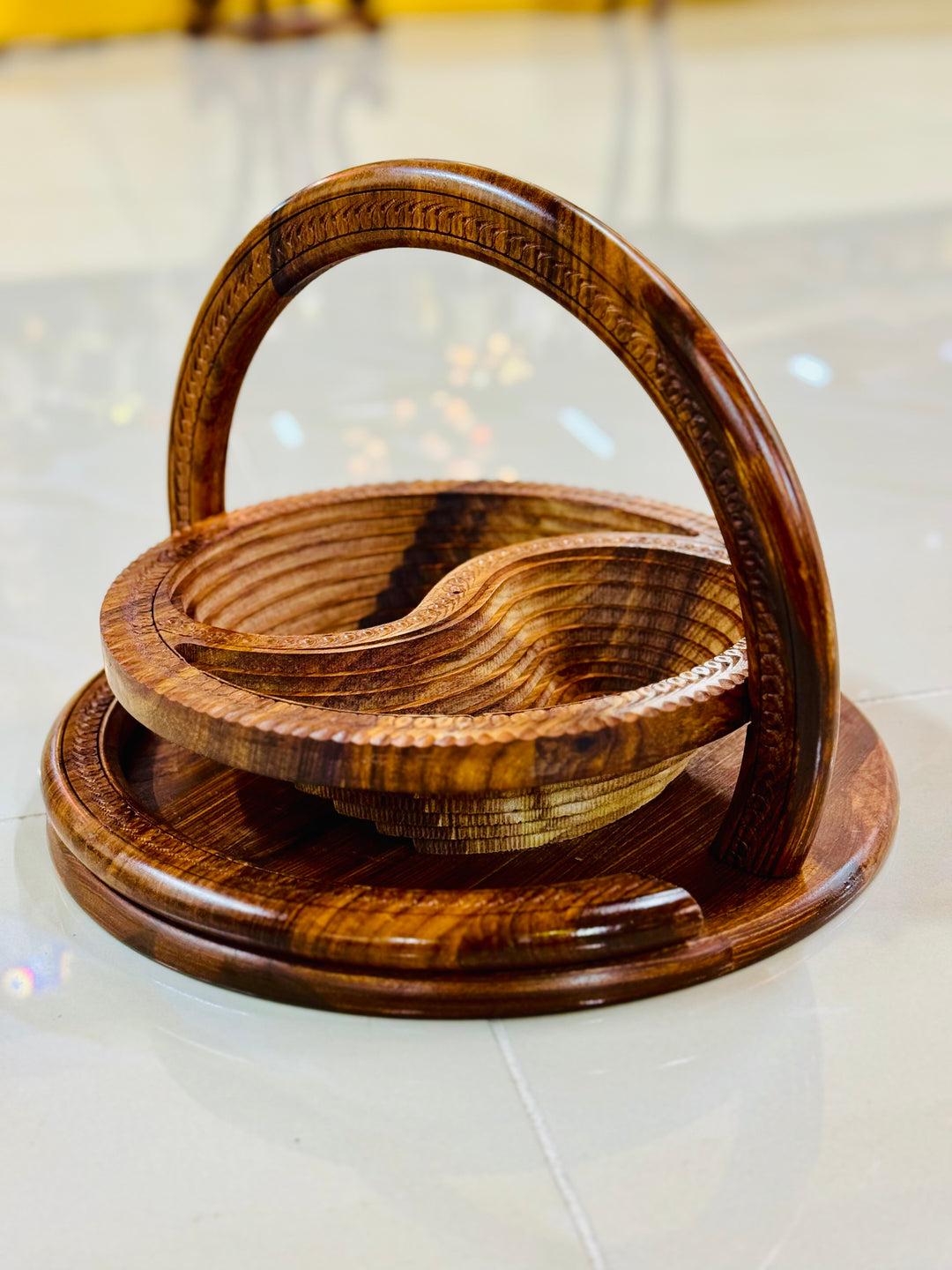 Handmade 12”, wooden, collapsible 2 paisley basket with handle.