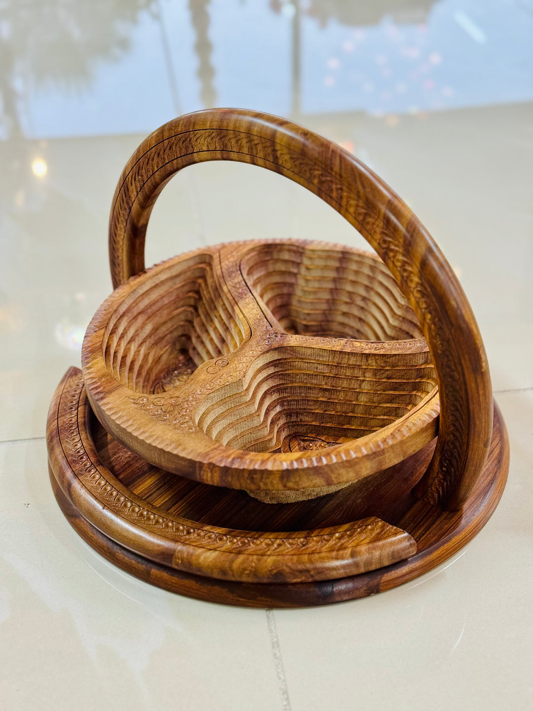 Handmade 12”, wooden, collapsible Angel wings basket with handle.