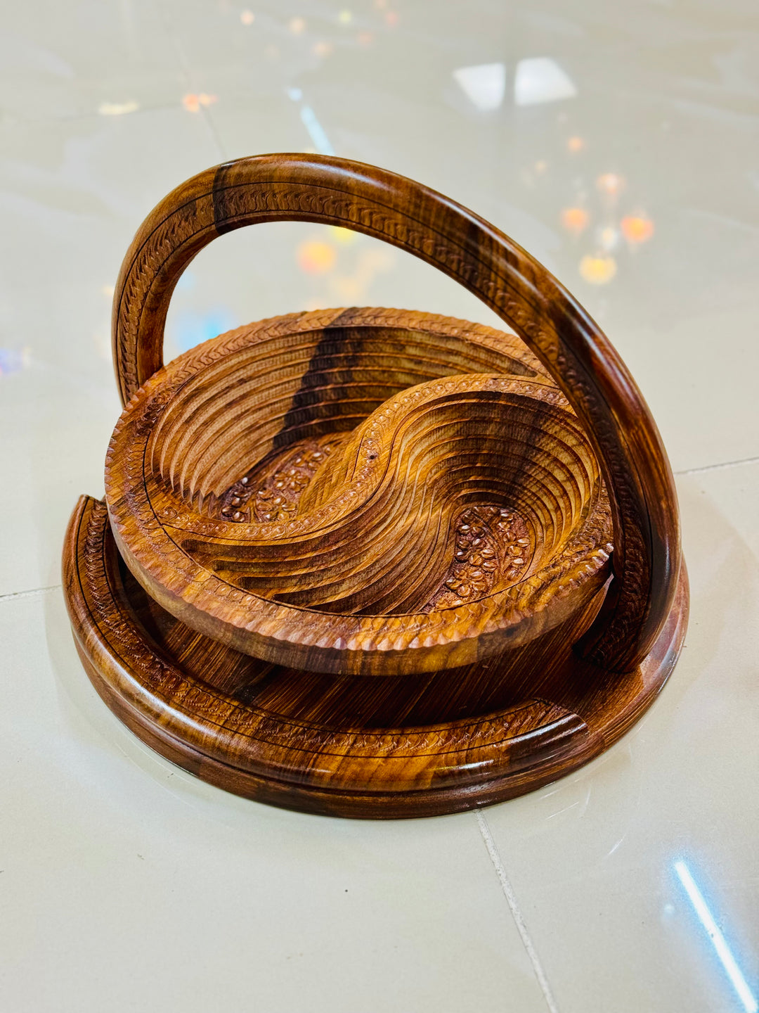 Handmade 12”, wooden, collapsible 2 paisley basket with handle.