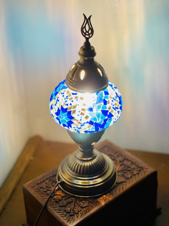 Turkish mosaic table lamp, bottom right angleTurkish mosaic table lamp, slightly raised angle, on jewelry bo
