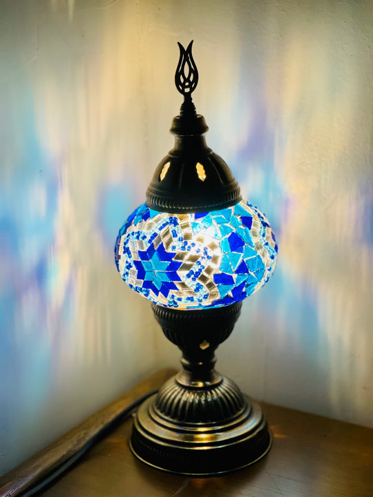 Turkish mosaic table lamp, close up tilted angle