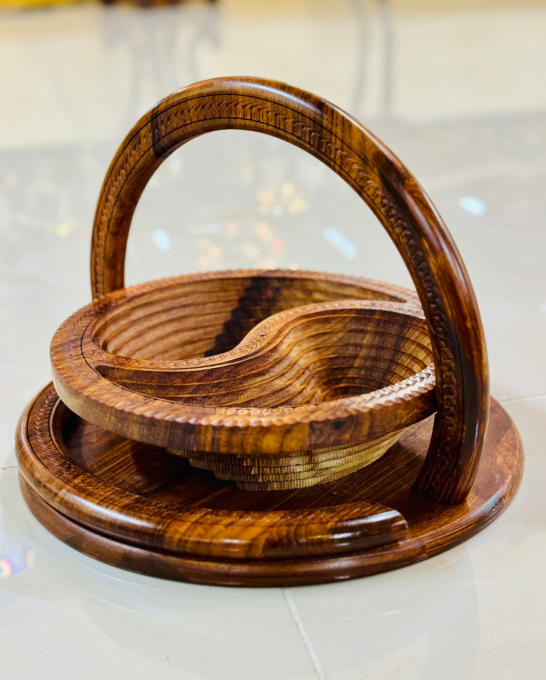 Handmade 12”, wooden, collapsible 2 paisley basket with handle.