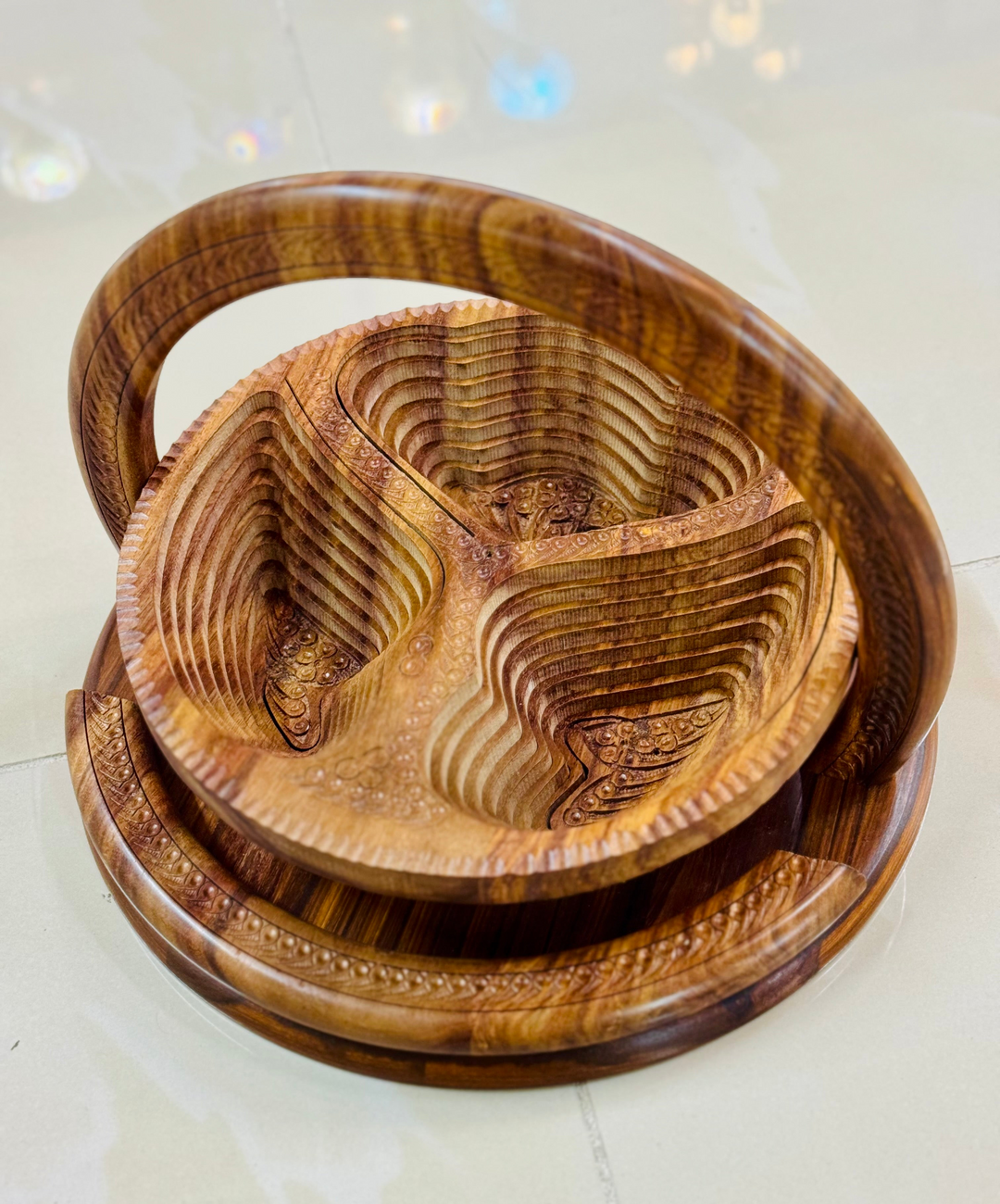 Handmade 12”, wooden, collapsible Angel wings basket with handle.