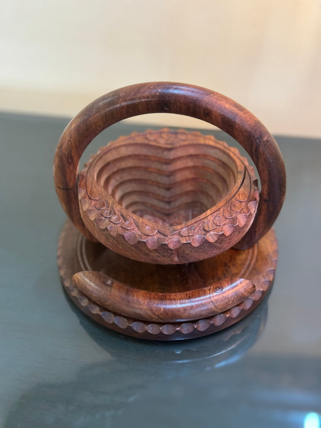 Handcrafted 6”, wooden, collapsible heart basket with handle.  /  fruit basket  /   Bread bowl  /   Hot plate  /    Trivet to basket  /