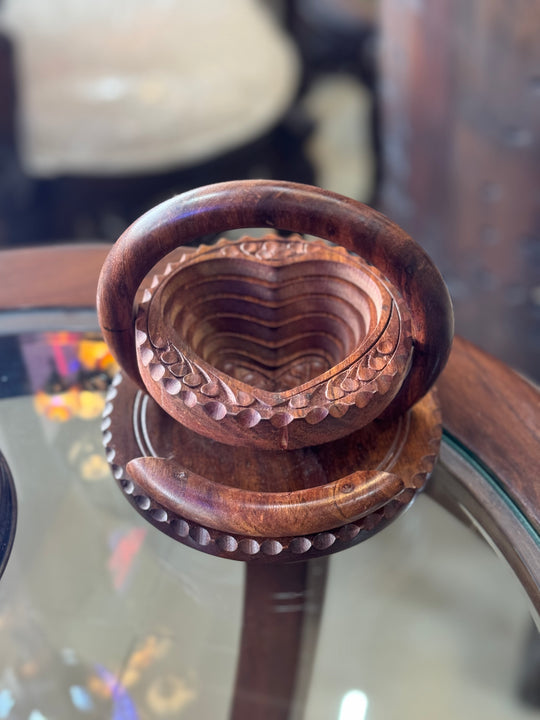 Handcrafted 6”, wooden, collapsible heart basket with handle.  /  fruit basket  /   Bread bowl  /   Hot plate  /    Trivet to basket  /