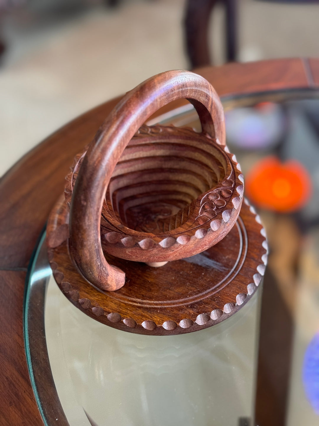 Handcrafted 6”, wooden, collapsible heart basket with handle.  /  fruit basket  /   Bread bowl  /   Hot plate  /    Trivet to basket  /