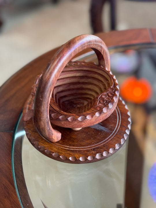 Handcrafted 6”, wooden, collapsible heart basket with handle.  /  fruit basket  /   Bread bowl  /   Hot plate  /    Trivet to basket  /