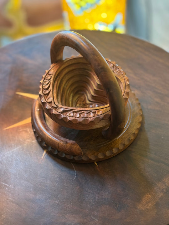 Handcrafted 6”, wooden, collapsible heart basket with handle.  /  fruit basket  /   Bread bowl  /   Hot plate  /    Trivet to basket  /