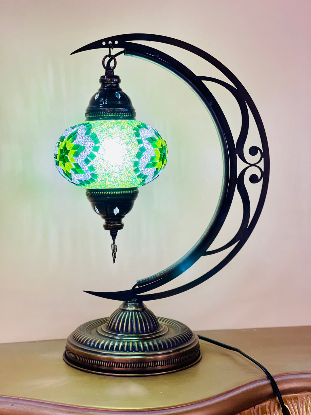 6 Colors | Large Turkish mosaic crescent shaped table lamp.