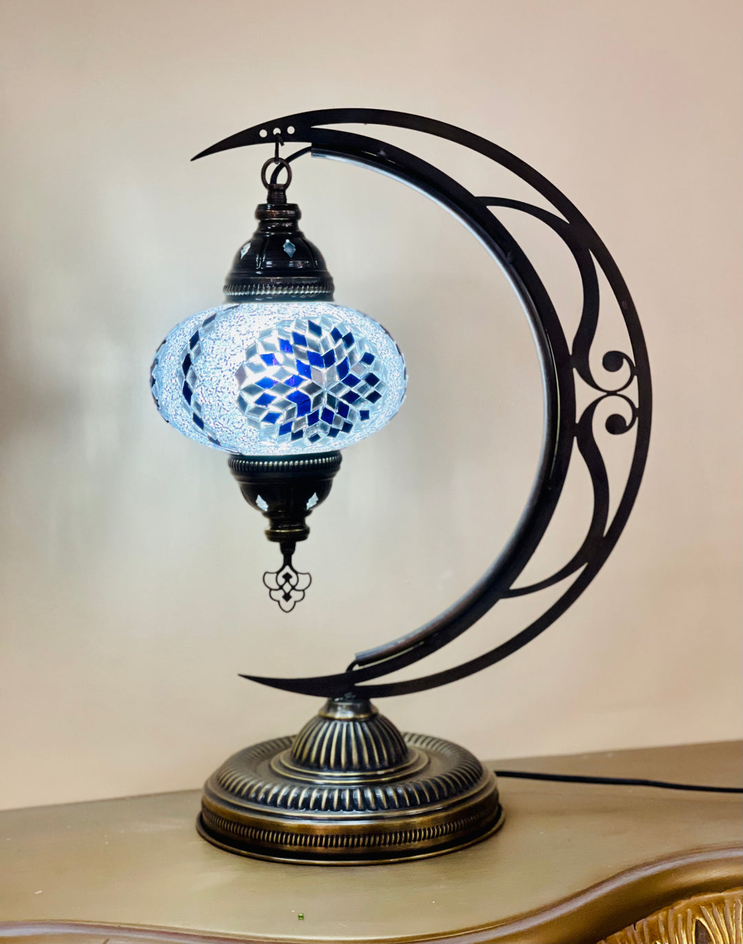 6 Colors | Large Turkish mosaic crescent shaped table lamp.