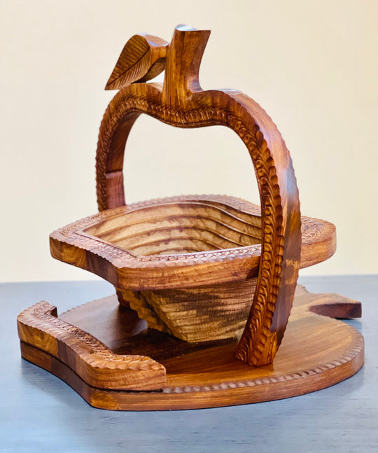 Handcrafted 10”, wooden, collapsible apple basket with handle.  /  fruit basket  /   Bread bowl  /   Hot plate  /    Trivet to basket  /