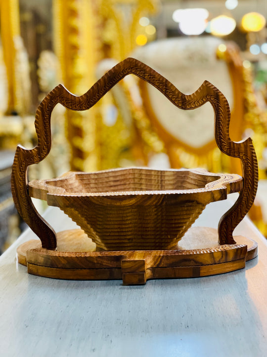 Handcrafted 16”, wooden, collapsible leaf basket with handle.  /  fruit basket  /   Bread bowl  /   Hot plate  /    Trivet to basket  /