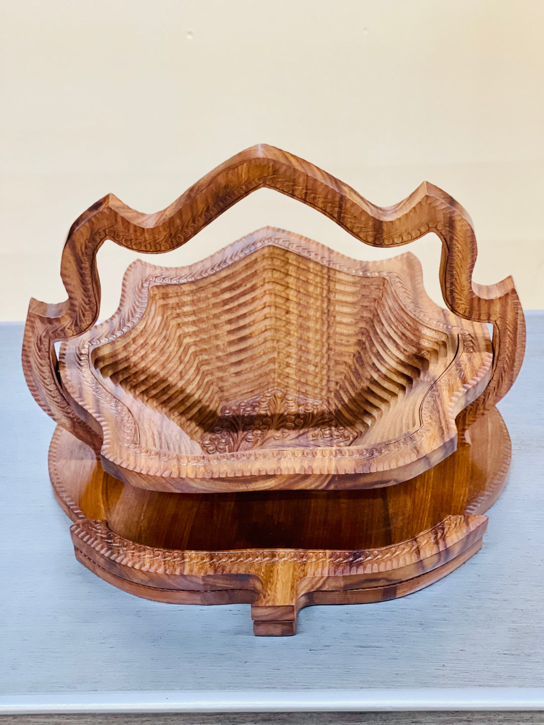 Handcrafted 16”, wooden, collapsible leaf basket with handle.  /  fruit basket  /   Bread bowl  /   Hot plate  /    Trivet to basket  /