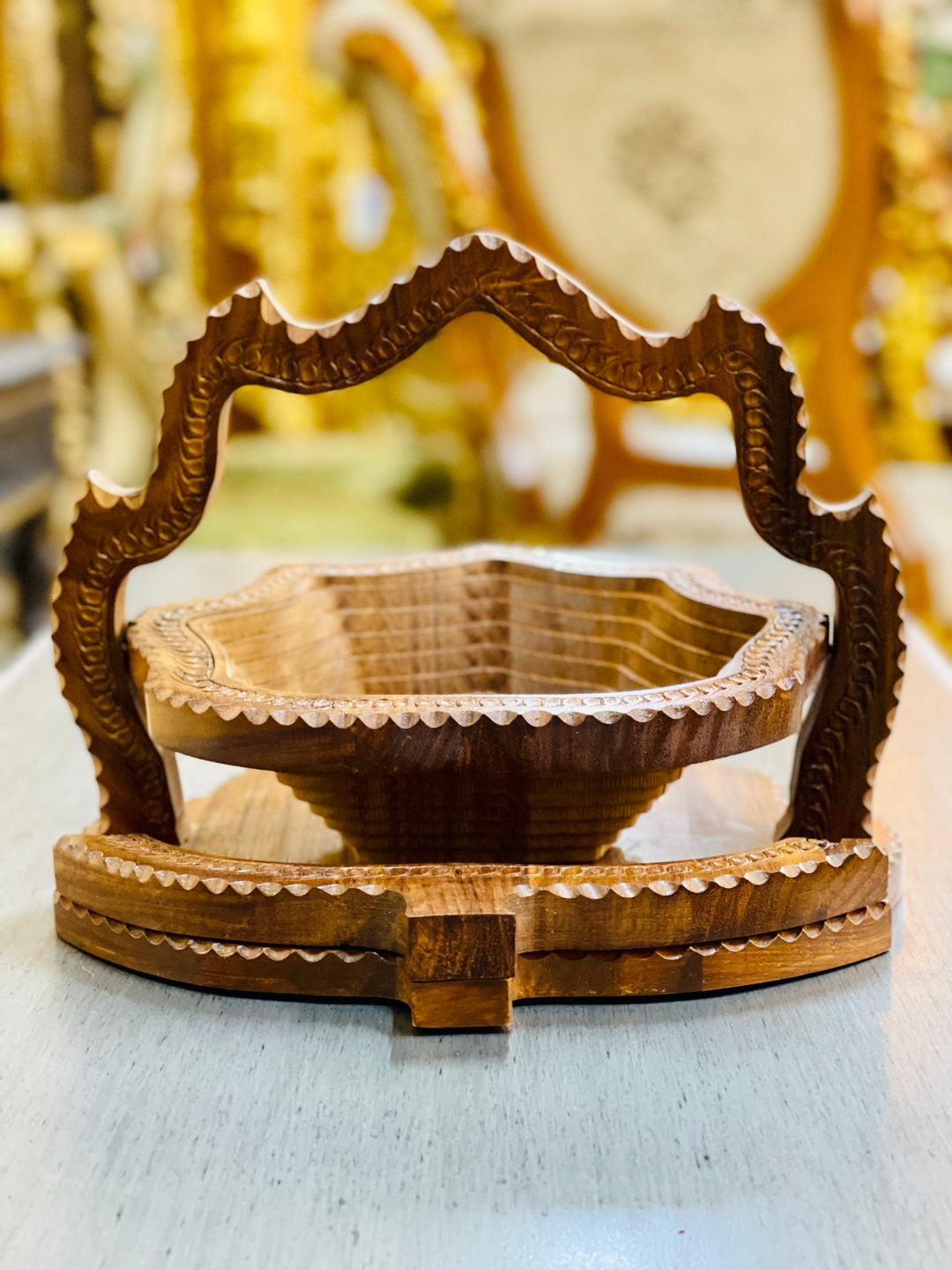 Handcrafted 10”, wooden, collapsible leaf basket with handle.  /  fruit basket