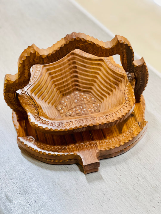 Handcrafted 10”, wooden, collapsible leaf basket with handle.  /  fruit basket