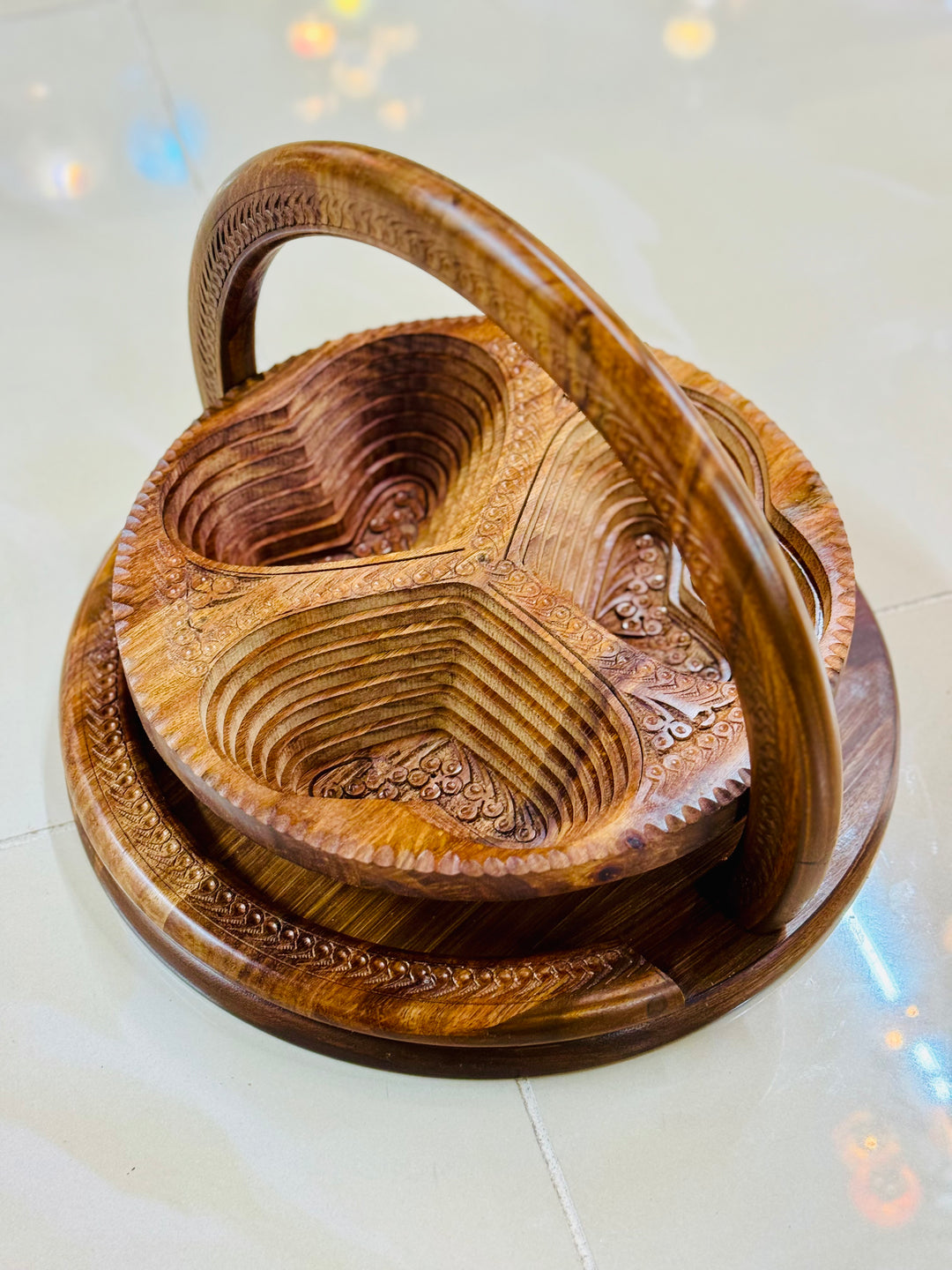 Handmade 12”, wooden, collapsible Heart basket with handle.