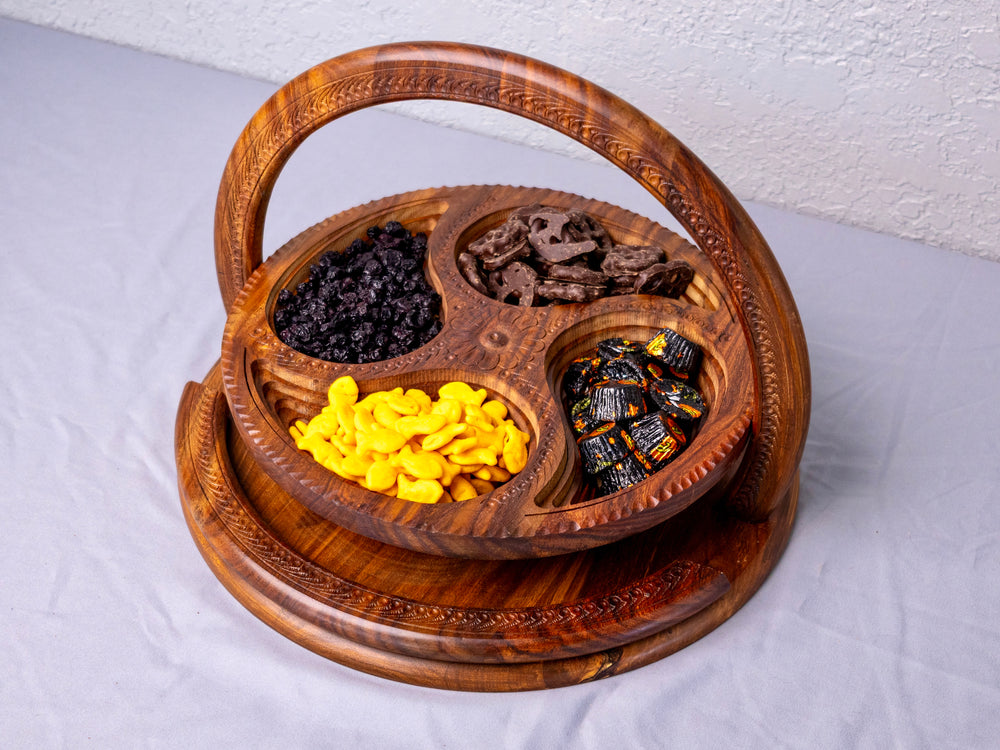 Handmade 14”, wooden, collapsible 4 Paisley basket with handle.