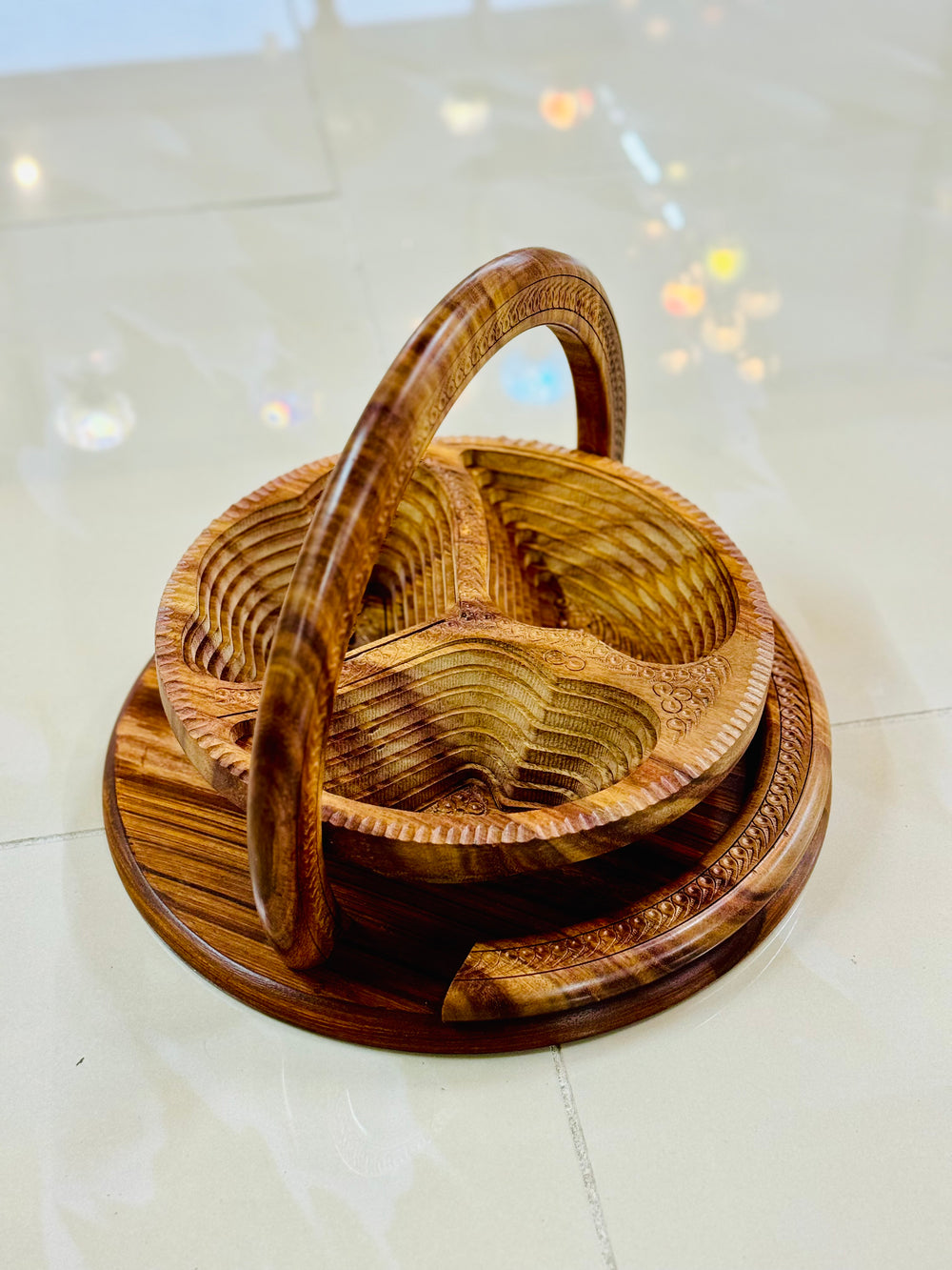Handmade 12”, wooden, collapsible Angel wings basket with handle.