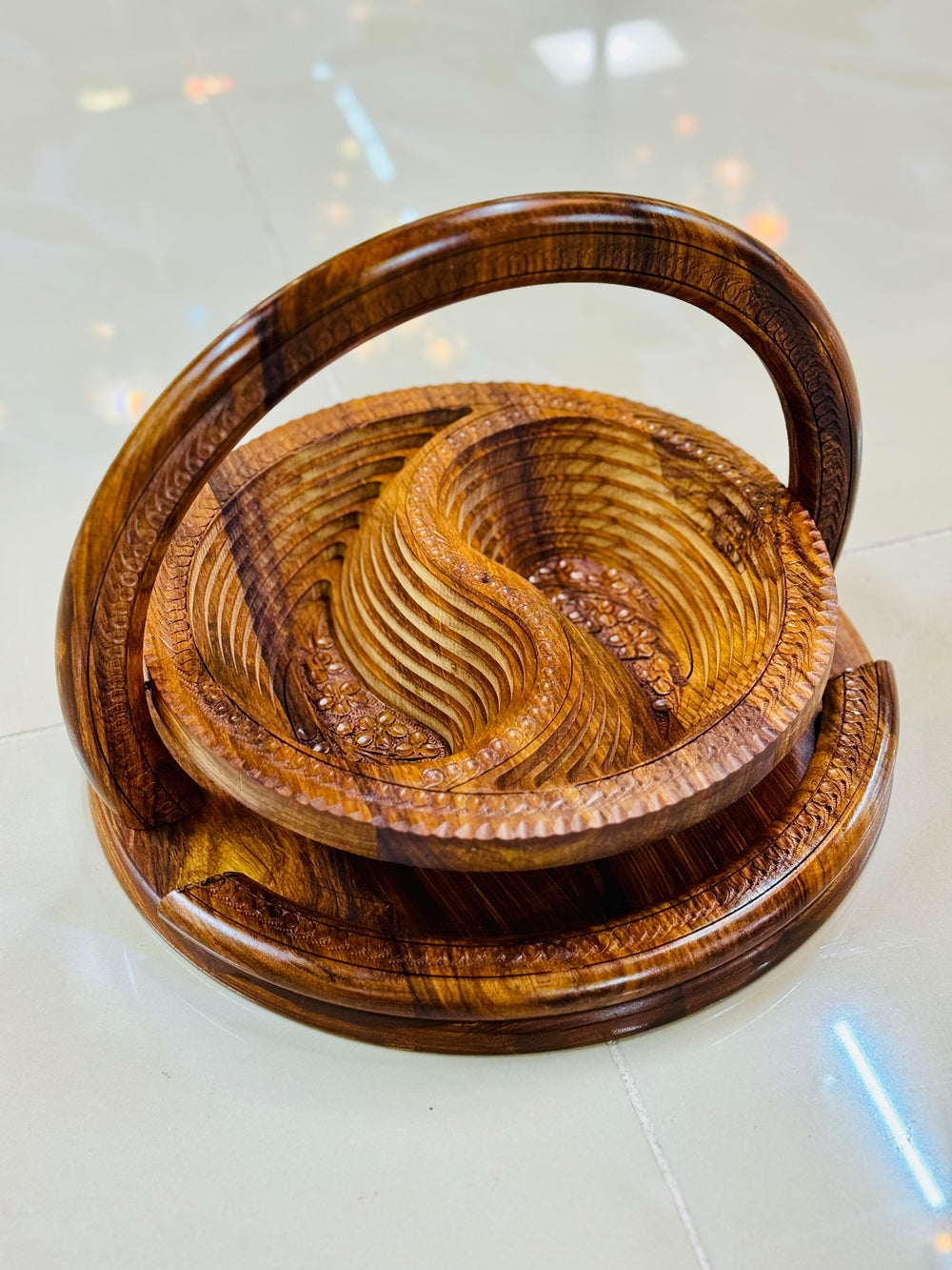 Handmade 12”, wooden, collapsible 2 paisley basket with handle.