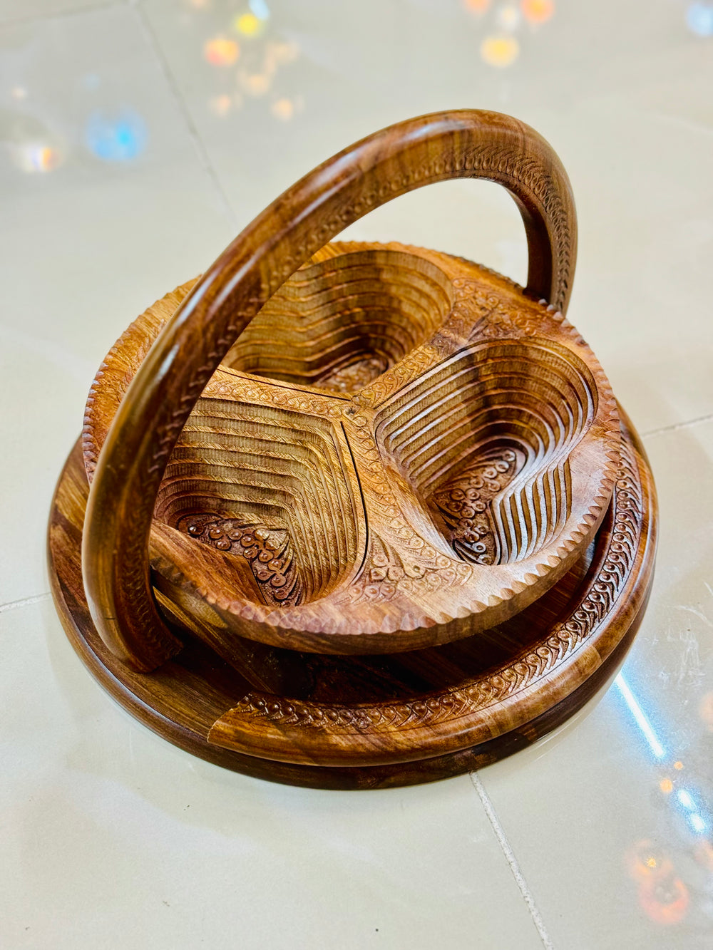Handmade 12”, wooden, collapsible Heart basket with handle.