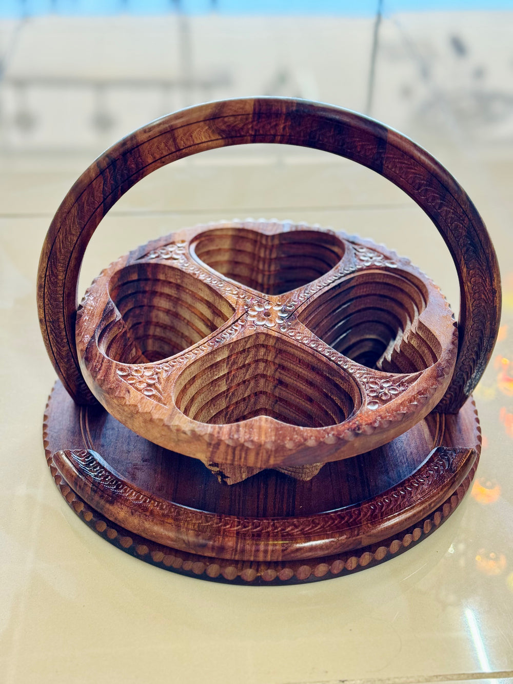 Handmade 12”, wooden, collapsible Heart basket with handle.