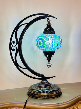 6 Colors | Large Turkish mosaic crescent shaped table lamp.