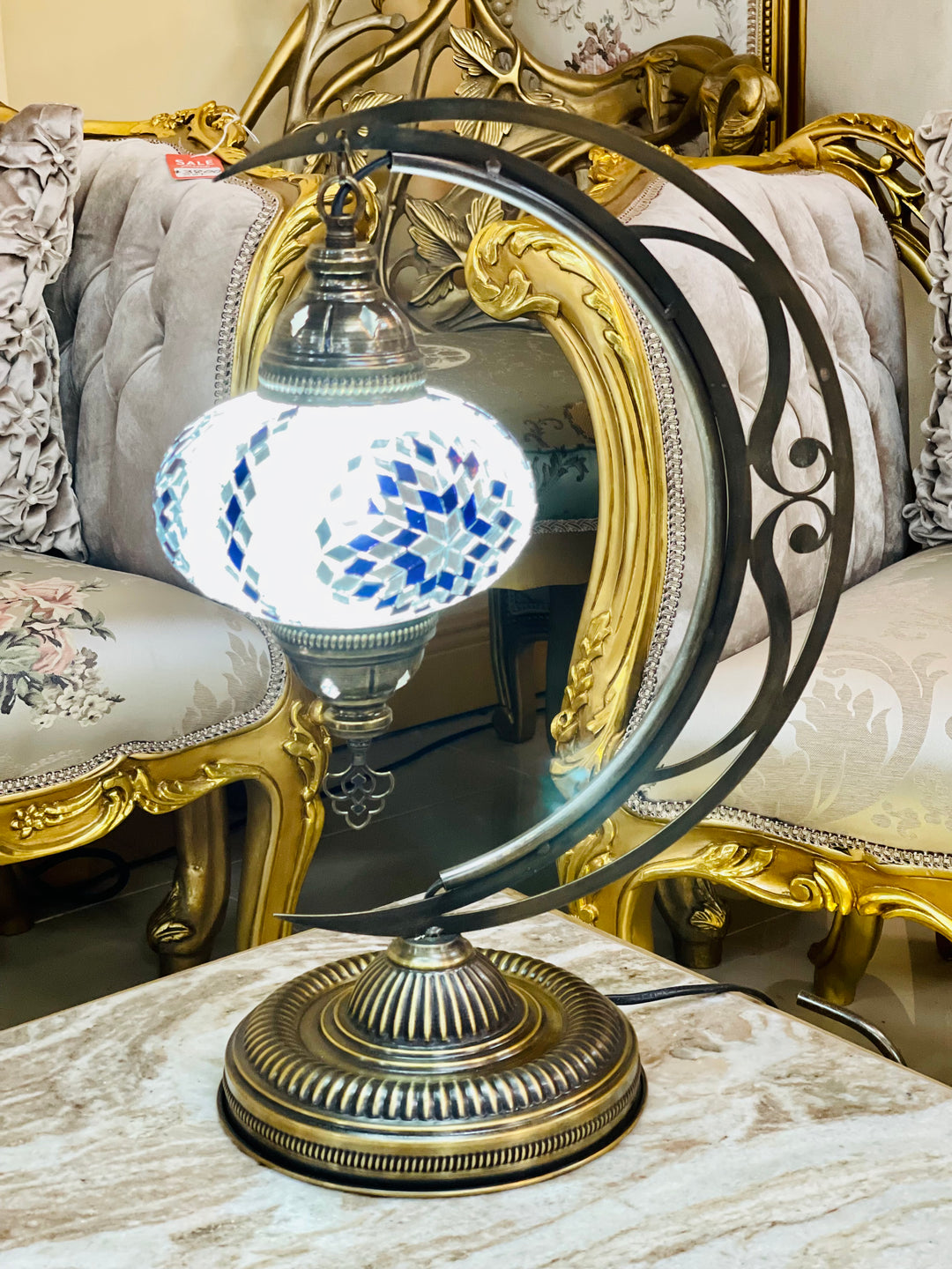 6 Colors | Large Turkish mosaic crescent shaped table lamp.