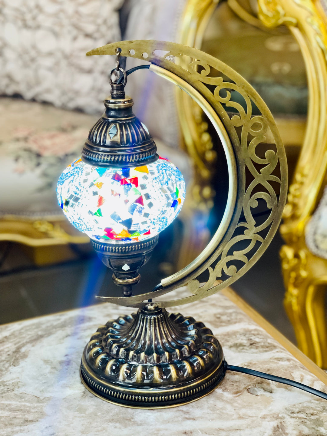 8 Colors | Handmade Turkish mosaic crescent shaped table lamp.