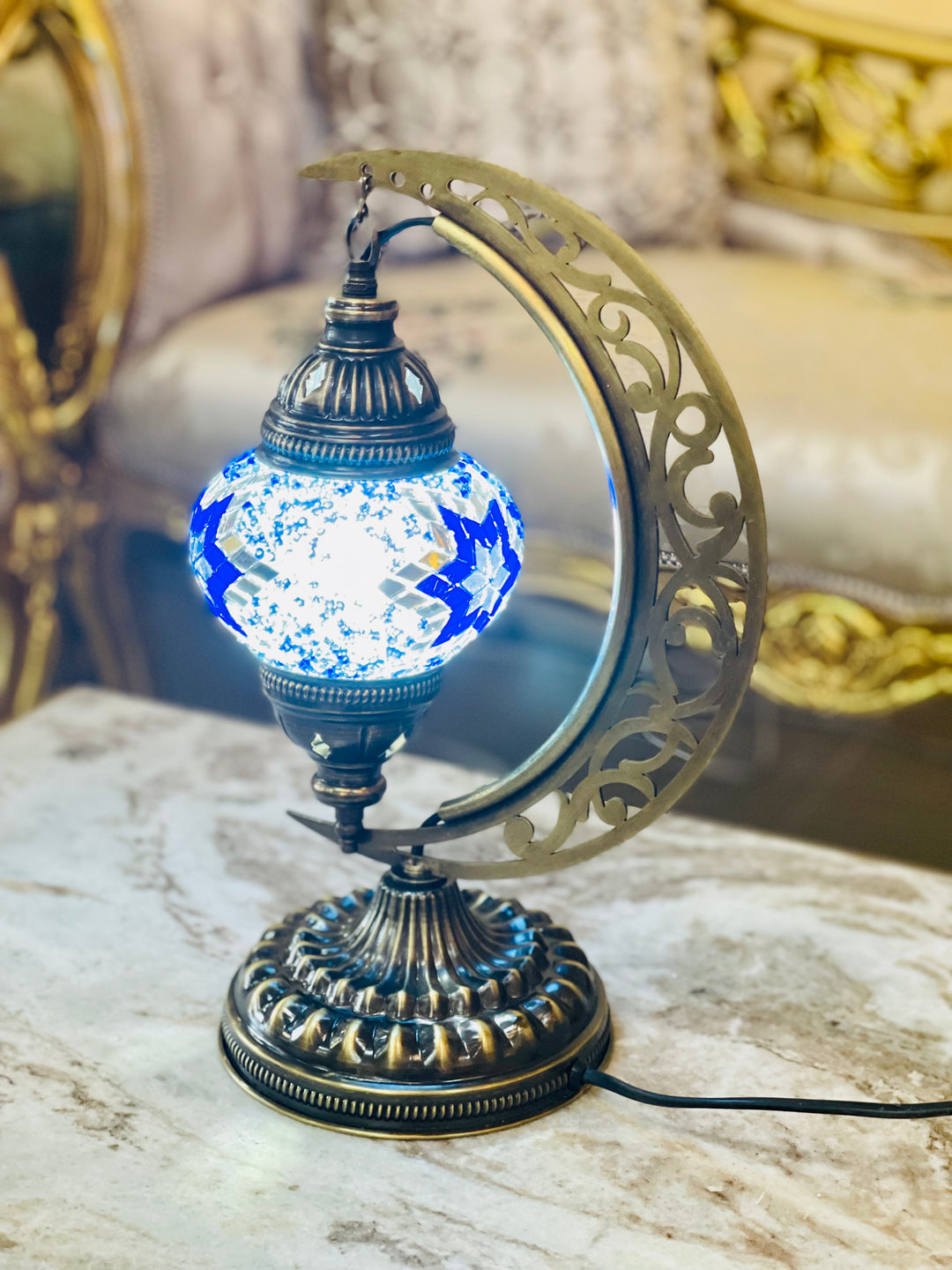 8 Colors | Handmade Turkish mosaic crescent shaped table lamp.