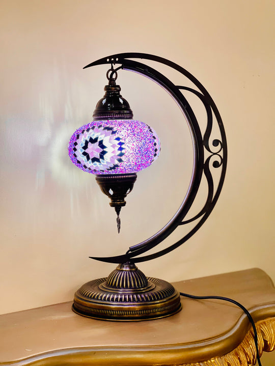 6 Colors | Large Turkish mosaic crescent shaped table lamp.