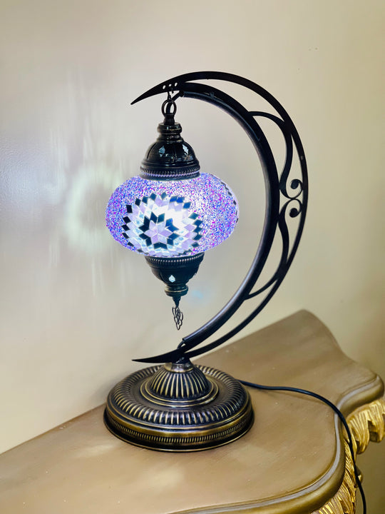 6 Colors | Large Turkish mosaic crescent shaped table lamp.