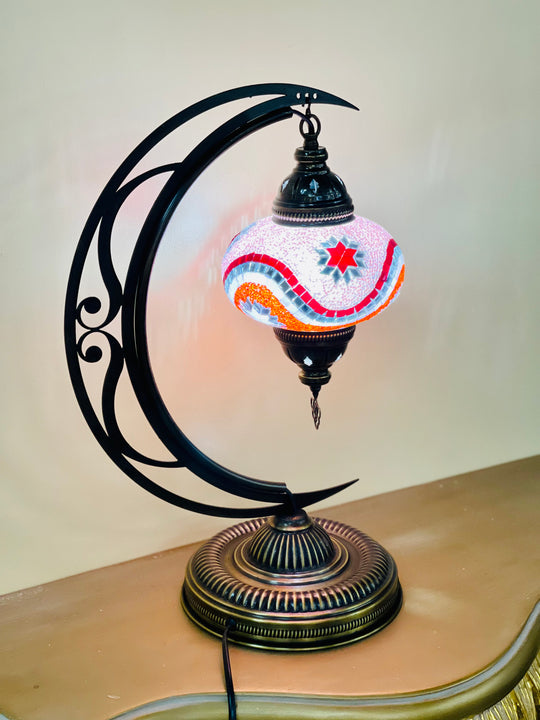 6 Colors | Large Turkish mosaic crescent shaped table lamp.